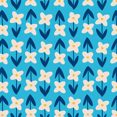 white flowers with blue background, hand drawing floral pattern