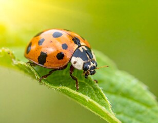Fototapeta premium Ladybug on a leaf in sunlight