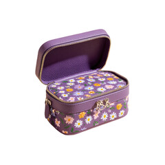 A purple, floral-patterned cosmetic or jewelry case, open, showing an interior