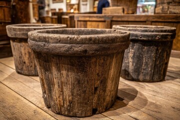Three rustic wooden planters sit on a wooden floor