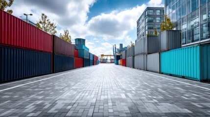Colorful Cargo Containers Stacked Neatly in an Industrial Yard Under a Bright Blue Cloudy Sky Perspective
