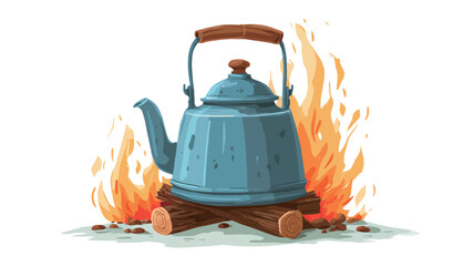 A cartoon-style illustration depicting a blue metal kettle with a wooden handle sitting atop a small campfire. The campfire consists of several logs with bright orange and yellow flames rising