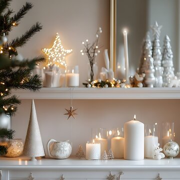 Elegant living room interior featuring Christmas decorations styled on a shelf with candles and seasonal accents, christmas decoration with candles