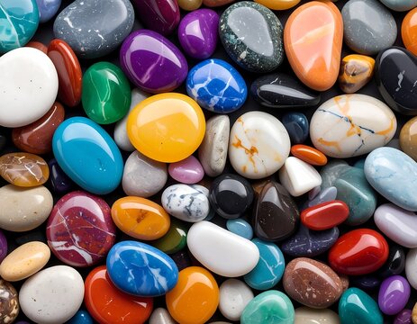 A vibrant array of polished stones in various colors and patterns