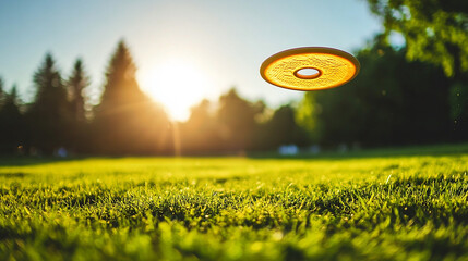 Disc in Flight Amidst Sunlight: A vibrant frisbee suspended mid-air against a backdrop of a lush green field bathed in the warm glow of the sun, creating a perfect scene for sport.