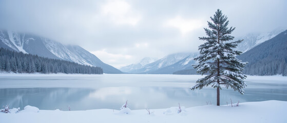 Obraz premium Serene winter landscape featuring tranquil lake surrounded by snow covered mountains and evergreen trees. scene evokes sense of calm and beauty