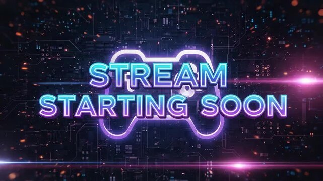 Stream starting soon background for online gaming events on digital screens, with a glowing game controller icon. Stream starting soon is perfect to announce gameplay live streams on social media,