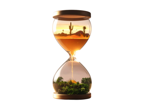 Fantasy hourglass merging barren desert with green forest ecosystem isolated on transparent background PNG - Powered by Adobe