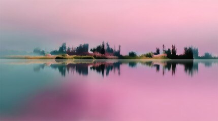 Fototapeta premium Serene Pink-Hued Landscape Reflection on Calm Water at Sunrise