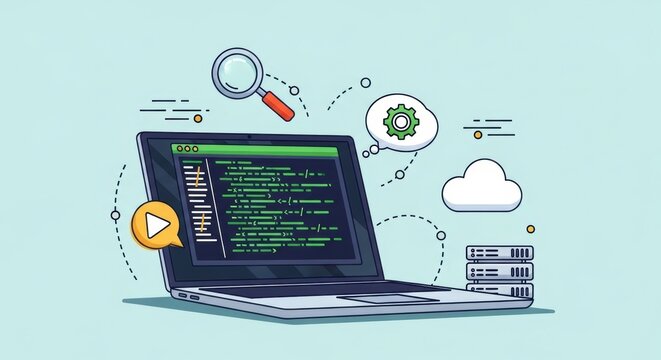 Illustration of a laptop with code on the screen representing software development process - Powered by Adobe