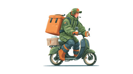A digital illustration depicts a cartoon-style man wearing a thick winter jacket, boots, and a cap, riding a dark-green scooter. He carries an orange delivery bag on his back and a smaller package