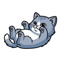 Playful Kitten: A delightful cartoon illustration of a cute kitten lies on its back, paws playfully in the air, exuding pure charm and happiness.
