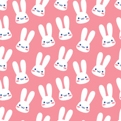 Cute, kawaii bunny seamless pattern. Vector illustration. White bunny on a pink background. Ideal for baby textiles, backgrounds, nursery decoration