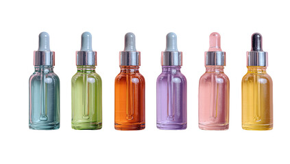 Row of six clear glass dropper bottles, each with a pastel-colored liquid inside and a silver dropper cap