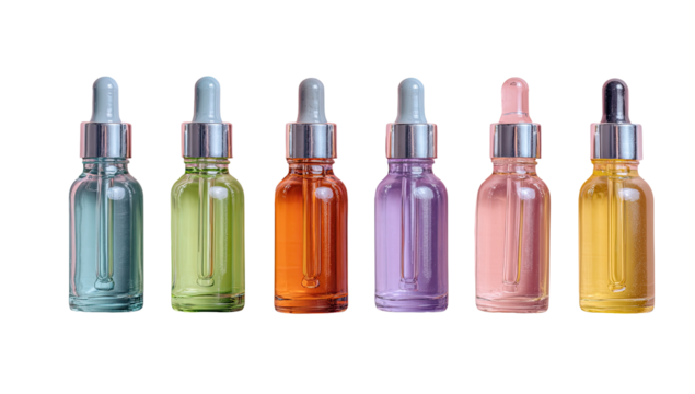 Row of six clear glass dropper bottles, each with a pastel-colored liquid inside and a silver dropper cap
