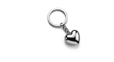 Sleek silver keychain with a single heart charm, showcasing realistic metal texture and elegant reflections on a minimalist white background. Ideal for luxury gift or accessory marketing.