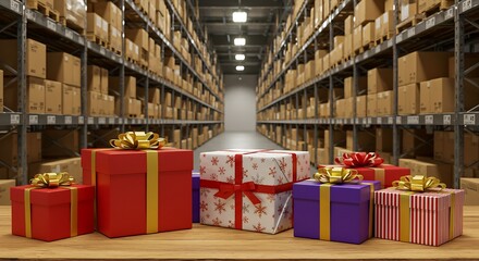 Warehouse filled gifts, with Holiday gifts packages, decorations,wallpaper, representing the peak season in logistics and distribution, background