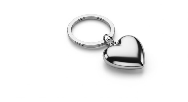 Sleek silver keychain with a single heart charm, showcasing realistic metal texture and elegant reflections on a minimalist white background. Ideal for luxury gift or accessory marketing.