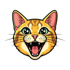 Joyful Cat Illustration: A charming and vivid cartoon illustration showcases a happy cat's expressive face, bursting with delight and an open-mouthed grin, conveying pure joy and playful energy.