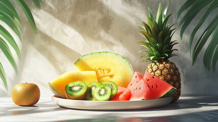 Tropical Fruit Medley: A vibrant assortment of tropical fruits artfully arranged on a platter, including succulent pineapple, juicy watermelon, and refreshing kiwi, all illuminated by natural light