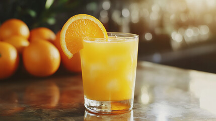 Fresh Citrus: A refreshing glass of freshly squeezed orange juice, garnished with a vibrant orange slice, sits alongside a cluster of ripe oranges, conveying freshness and vitality. 