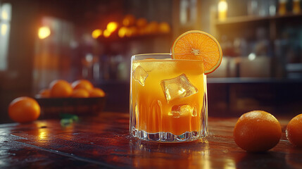 Citrus Burst Cocktail: A refreshing cocktail with a vibrant orange slice garnish and ice cubes, expertly styled for a photorealistic depiction. Perfect for food and beverage projects.