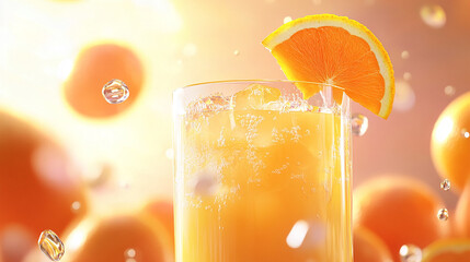 Zesty Orange Delight: A close-up shot of a refreshing orange juice with a vibrant orange slice, complemented by floating water drops, showcasing the sunny freshness of a popular beverage.