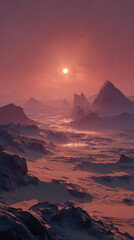Naklejka premium Crimson Sunset over Mountains: A majestic vista unfolds as the sun casts a fiery glow over rugged mountains. creating a scene of solitude and natural beauty.