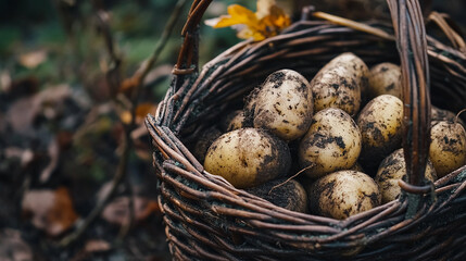 Basket of Earthy Bounty: A rustic, woven basket overflows with freshly harvested potatoes, nestled among the leaves, evoking a sense of autumnal abundance.