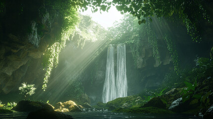 Waterfall in a Jungle Cave: A breathtaking scene where a cascading waterfall plunges into a serene pool of water inside a lush, verdant jungle cave. Light rays illuminate the scene