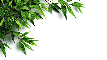 Fototapeta premium Fresh green leaves with water droplets, corner border