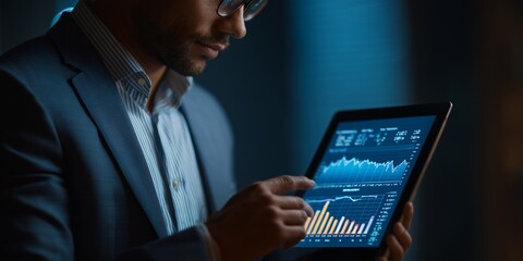 Businessman analyzing financial data on tablet in modern office with ambient lighting