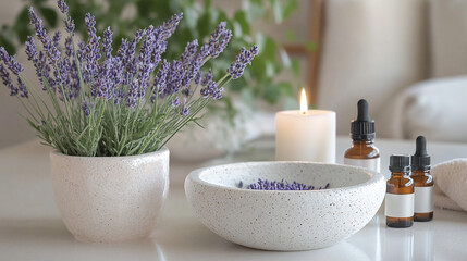 Serene Lavender Ambiance: A tranquil setting, fresh lavender sprigs and flowers create a sense of calm amidst soft, natural lighting, inviting relaxation and well-being. 
