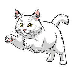 Obraz premium Leaping White Kitten: This captivating cartoon illustration features a playful white kitten, mid-leap with its paws extended. Capturing the essence of feline joy and agility.