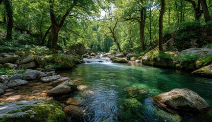 Tranquil forest stream. Lush greenery, clear water, rocks