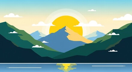 Tranquil mountain range illustration with rising sun reflecting on serene water surface