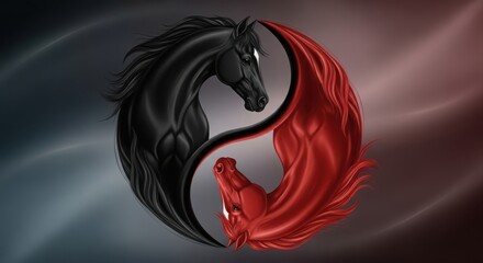 Black horse and red dog in yin yang design representing balance  