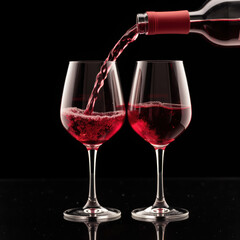 Pouring red wine into two elegant glasses creates romantic atmosphere, perfect for celebrations or intimate dinners