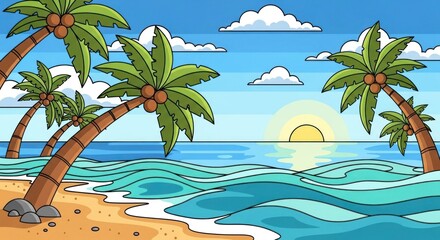 Tropical paradise cartoon featuring palm trees ocean beach and vibrant sunrise painting