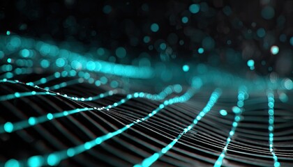 Abstract digital rendering of a dark, undulating grid with glowing cyan nodes and bokeh effects