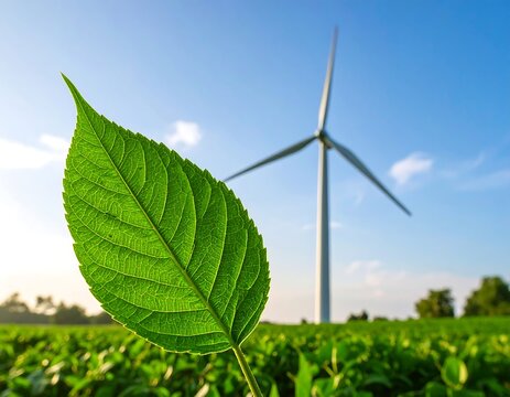 A vibrant green leaf in front of a wind turbine
