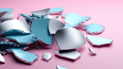Shattered shards of metallic glass on a pink surface