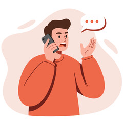 Obraz premium Young man talking on smartphone with hand raised in conversation 
