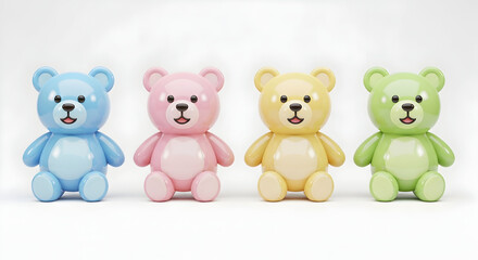 Four colorful pastel teddy bear toys arranged in a row