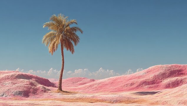 Solitary palm tree on pastel pink desert - Powered by Adobe