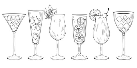 Collection of hand drawn cocktail glasses with ice fruit and garnishes in sketchy style
