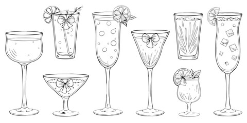 Collection of hand drawn cocktail glasses with garnishes and bubbles in sketch style