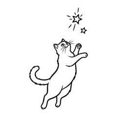 Whimsical Kitty Cat and Stars: A delightful illustration of a cat reaching playfully for stars, embodying joy and wonder. The simple line art style adds a touch of enchantment.