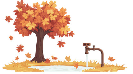 The illustration depicts a cartoon-style maple tree with orange and yellow autumn leaves.  Some leaves are falling from the tree.  Beside the tree is a simple illustration of a brown water tap with
