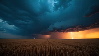 Dramatic lightning strikes illuminate stormy sky over golden wheat field at sunset, powerful nature scene